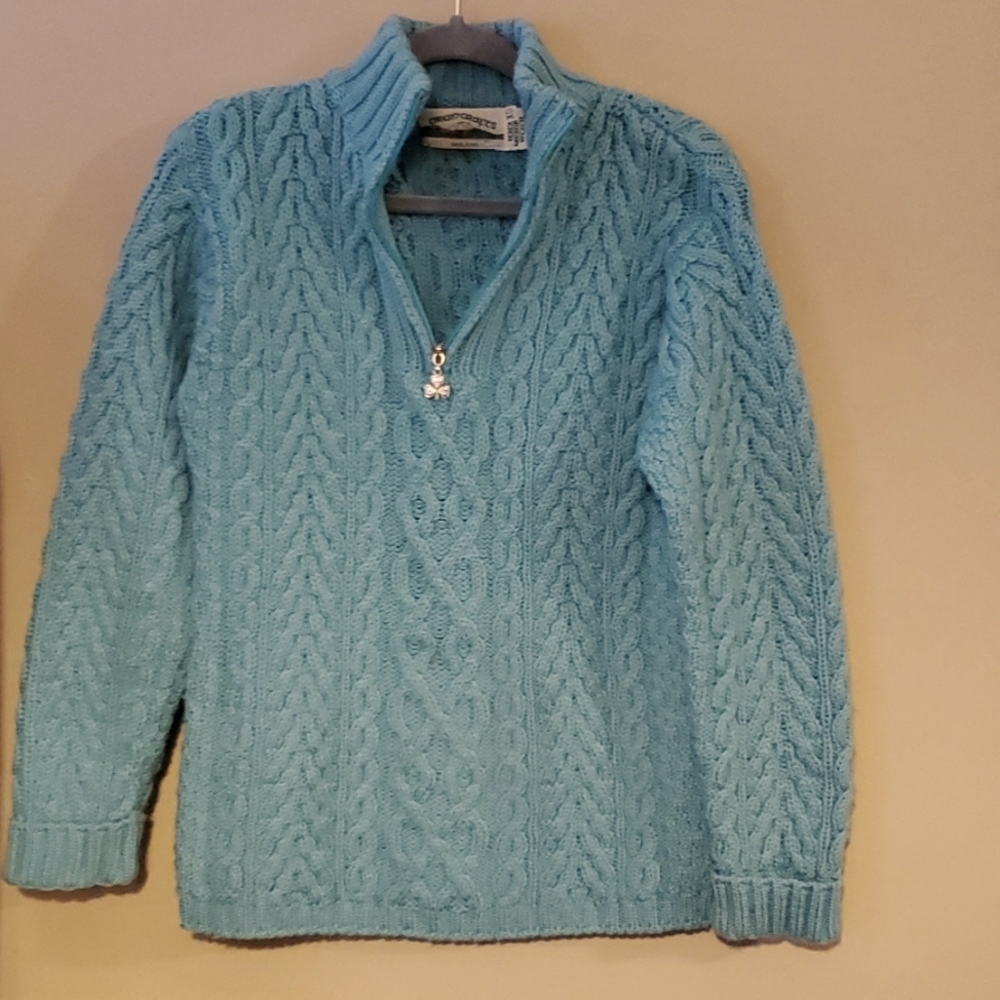 Aran Crafts Merino Wool Cable Knit 1/4 Zip Turtleneck Sweater